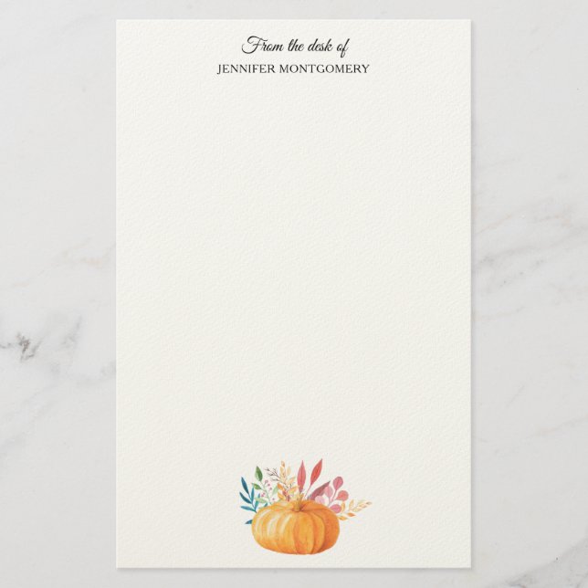 Orange Watercolor Pumpkin Fall Season Stationery (Front)