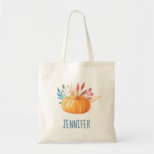 Orange Watercolor Pumpkin Personalised Tote Bag (Front)
