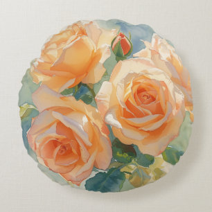 Orange Watercolor Roses Impressionism Round Cushion