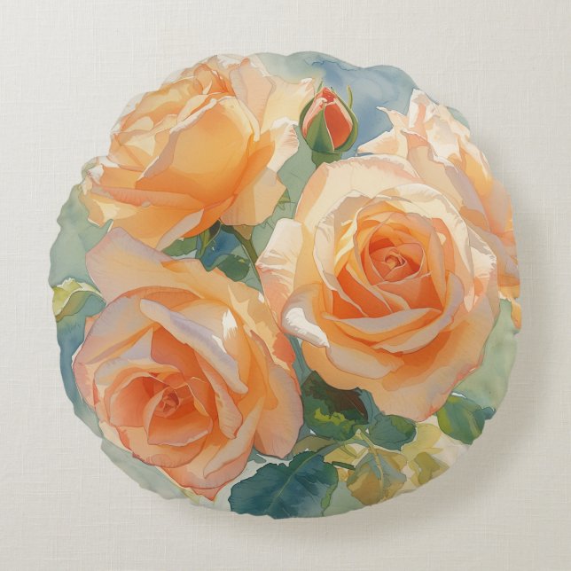 Orange Watercolor Roses Impressionism  Round Cushion (Front)