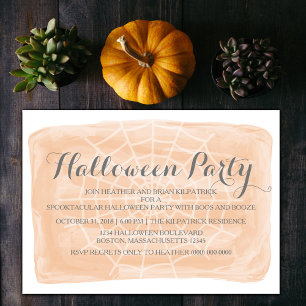 Orange Watercolor Spider Web Halloween Party Invitation