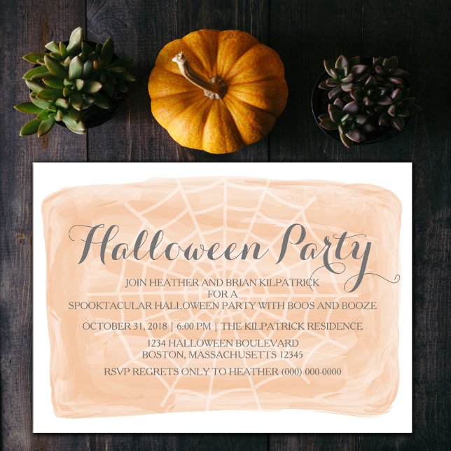 Orange Watercolor Spider Web Halloween Party Invitation (Orange Watercolor Spiderweb Halloween Party Invite)