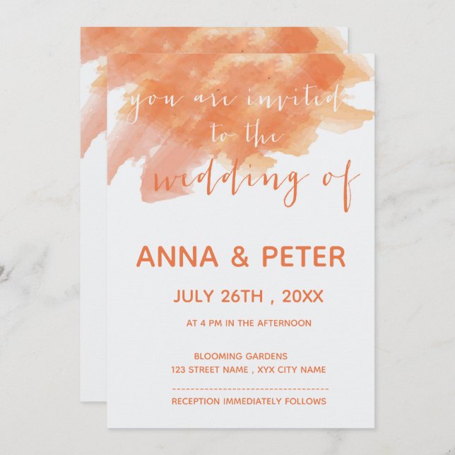 Orange Watercolor Splash Script Wedding Invitation (Front/Back)