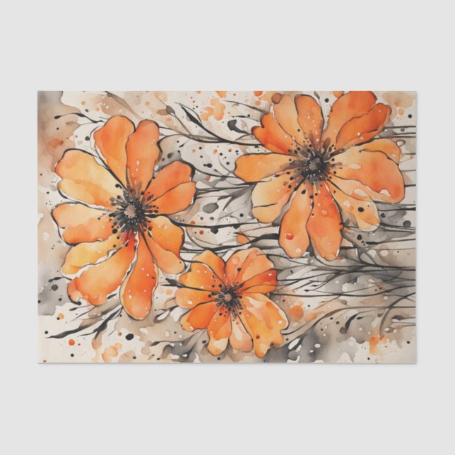 Orange Watercolor Spring Flowers Decoupage Tissue Paper (Front)