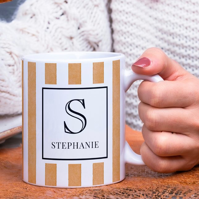 Orange Watercolor Stripes Pattern Monogram & Name Coffee Mug (Creator Uploaded)