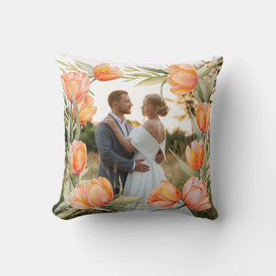 Orange Watercolor Tulips Border Couple Wedding Cushion