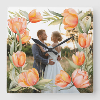 Orange Watercolor Tulips Border Couple Wedding Square Wall Clock