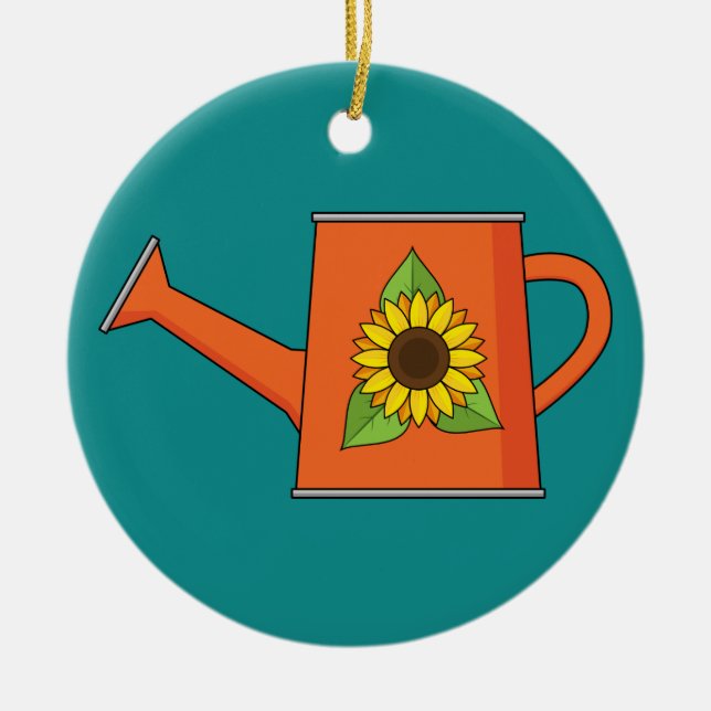 Orange Watering Can with Sunflower Ceramic Tree Decoration (Front)