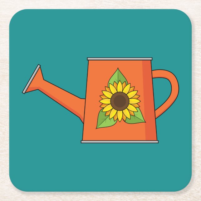 Orange Watering Can with Sunflower Square Paper Coaster (Front)