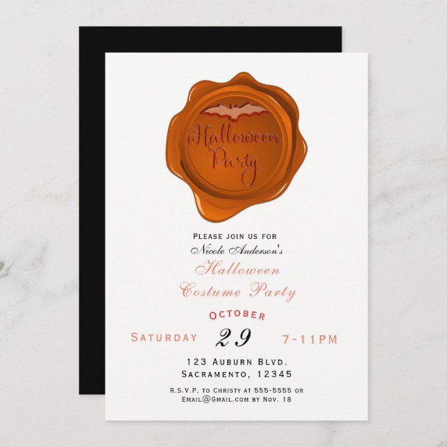 Orange Wax Seal Halloween Costume Party Invitation (Front/Back)