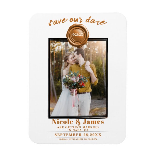 Orange Wax Seal Photo Wedding Save the Date Magnet (Vertical)