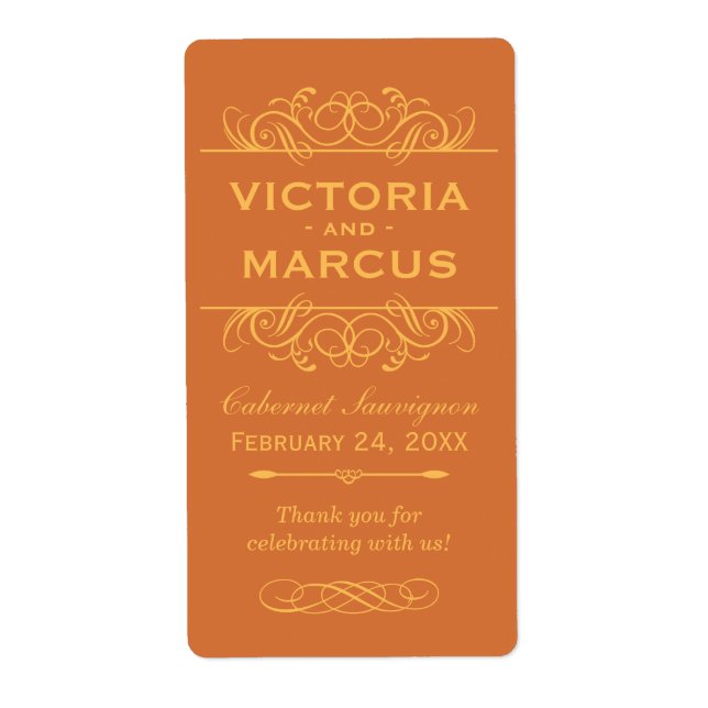 Orange Wedding Wine Bottle Monogram Favour Labels (Front)
