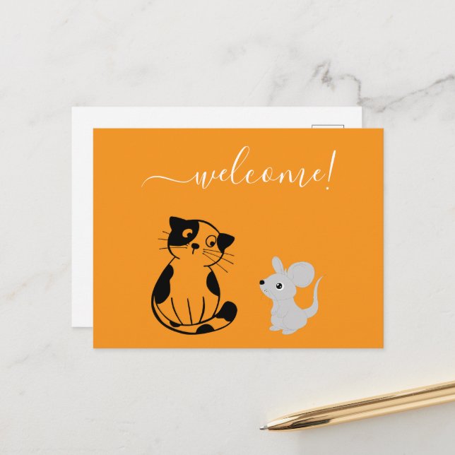 Orange Welcome Postcard with Cat & Mouse (Front/Back In Situ)