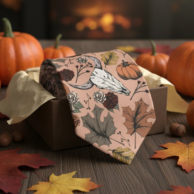 Orange Western Bull Skull Country Tie (Modern Orange Thanksgiving Foliage Mens Tie. Fall Harvest, Cow Skull, Leaves Pattern. Autumn Colors.)