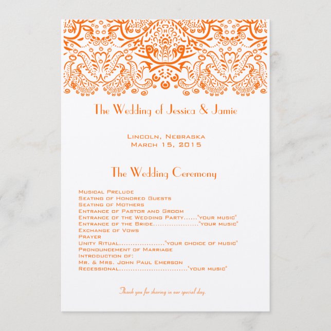 Orange Whimisical Love Birds Wedding Program Programme (Front)