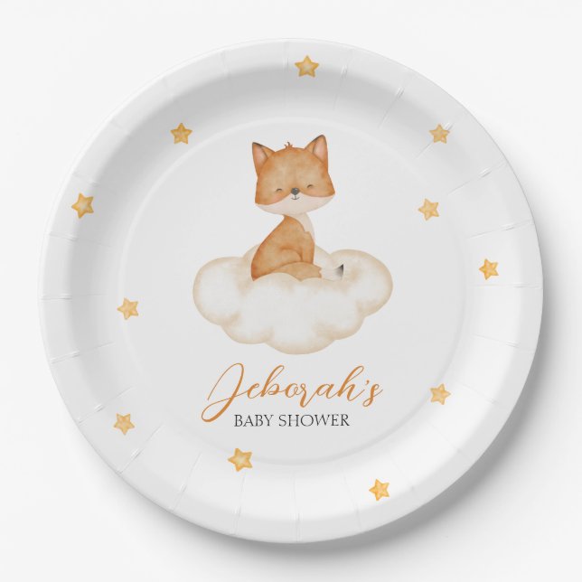 Orange Whimsical Fox Baby Shower Paper Plate (Front)