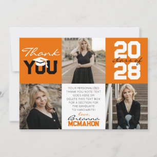 Orange & White 3 Photo Graduation Thank You Invitation