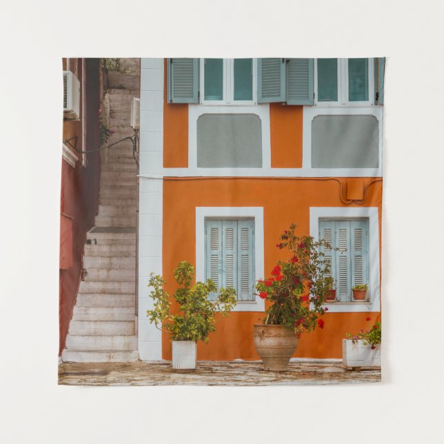 ORANGE WHITE AND GRAY CONCRETE BUILDING TAPESTRY (Front)