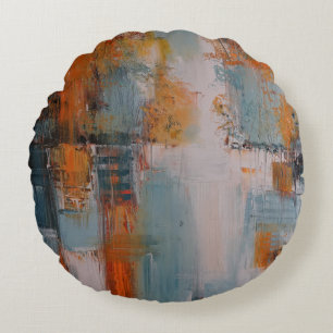 Orange, white, and teal abstract painting round cushion