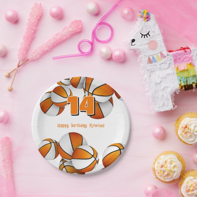 orange white basketballs girls birthday party paper plate (Party)