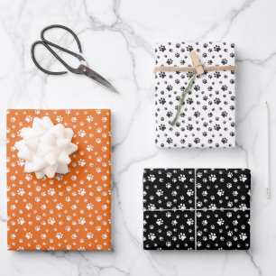 ORANGE WHITE BLACK DOG CAT PET PAW PRINTS WRAPPING PAPER SHEET