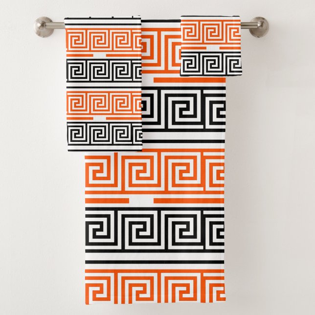 Orange White Black Greek Key Fret Pattern Design  Bath Towel Set (Creator Uploaded)