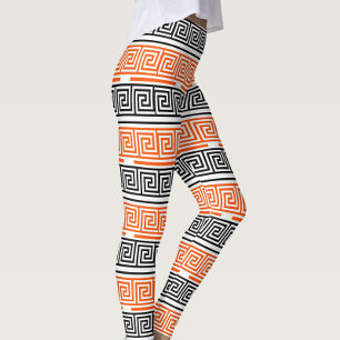 Orange White Black Greek Key Fret Pattern Design Leggings