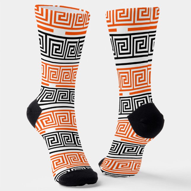 Orange White Black Greek Key Fret Pattern Design  Socks (Creator Uploaded)