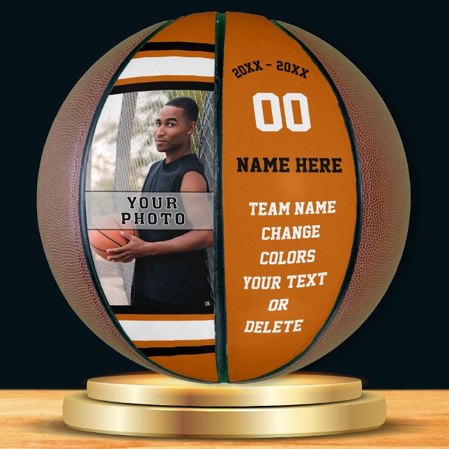 Orange, White, Black PHOTO Personalised Basketball (Senior basketball player gift ideas. Personalised, Photo Basketball. Black, White, Orange Basketball)