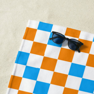 Orange White Blue Chequered Pattern Design Beach Towel