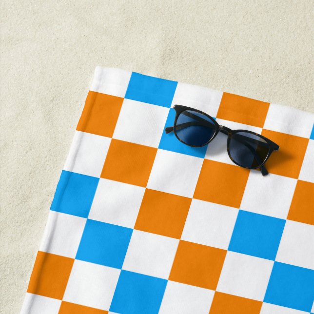 Orange White Blue Chequered Pattern Design  Beach Towel (In Situ)