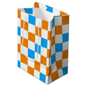 Orange White Blue Chequered Pattern Design  Medium Gift Bag