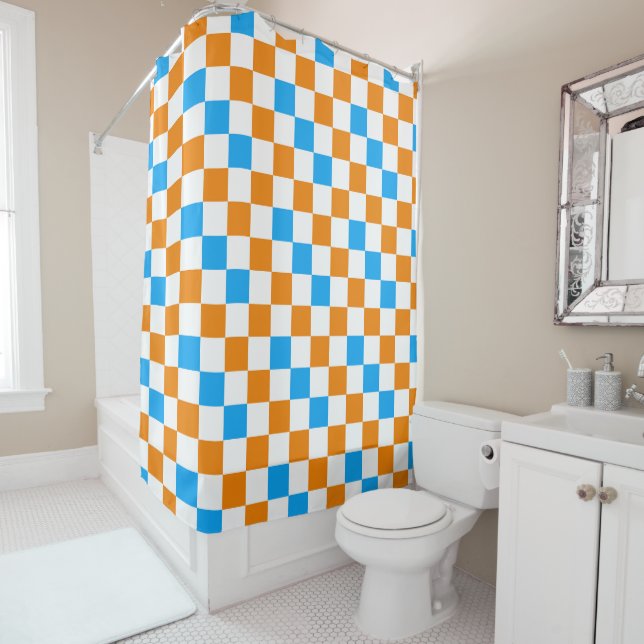 Orange White Blue Chequered Pattern Design  Shower Curtain (In Situ)