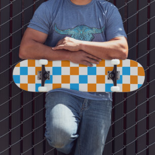 Orange White Blue Chequered Pattern Design Skateboard