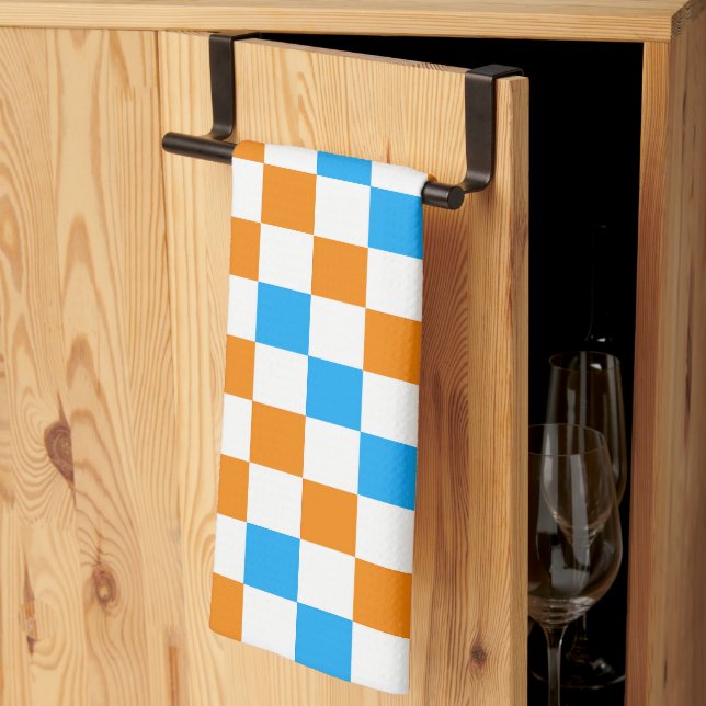 Orange White Blue Chequered Pattern Design  Tea Towel (Thirds Fold)
