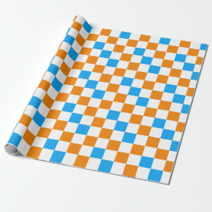 Orange White Blue Chequered Pattern Design Wrapping Paper