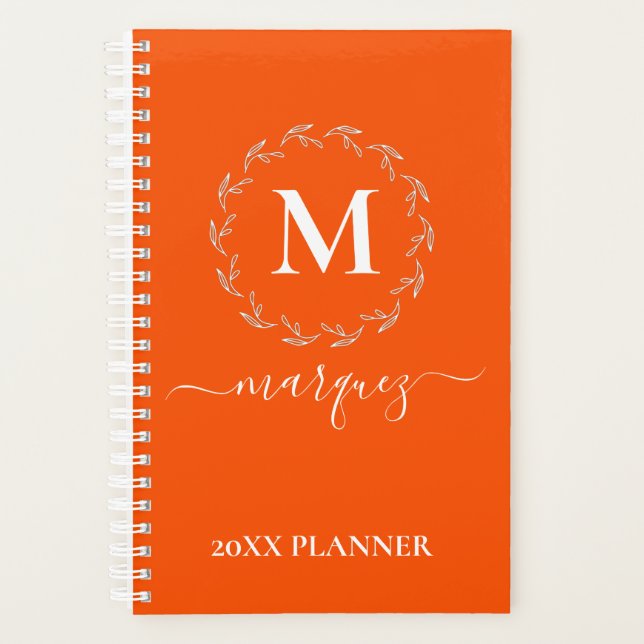 Orange White Botanical Wreath Monogram Planner (Front)