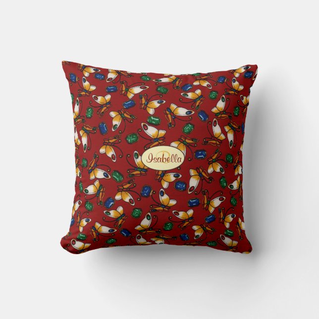 Orange white Butterflies, Emerald, Sapphire Cushion (Front)