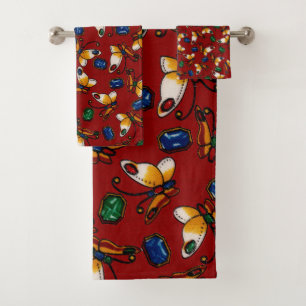 Orange white Butterflies, Emerald, Sapphire on red Bath Towel Set