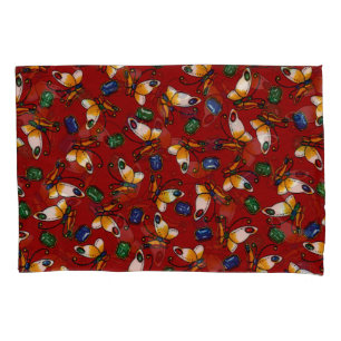 Orange white Butterflies, Emerald, Sapphire on red Pillowcase