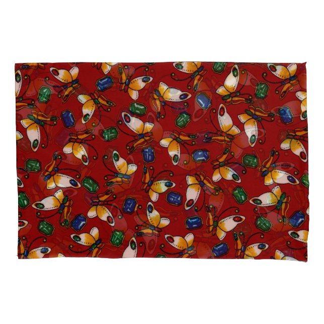 Orange white Butterflies, Emerald, Sapphire on red Pillowcase (Front-Left)