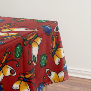 Orange white Butterflies, Emerald, Sapphire on red Tablecloth