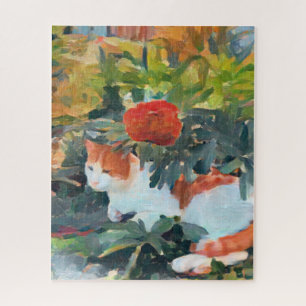 Orange/white cat under a flowering bush jigsaw puzzle