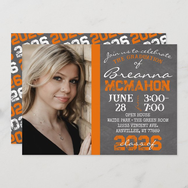 Orange & White Chalkboard Graduation Invitation (Repeating Class Year 1 Photo Graduation Invitations)