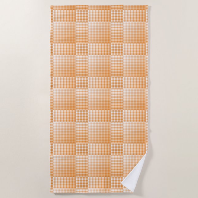 Orange White Chequered Abstract Pattern Beach Towel (Front)