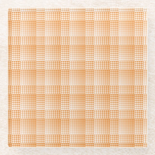 Orange White Chequered Abstract Pattern Glass Coaster (Front)