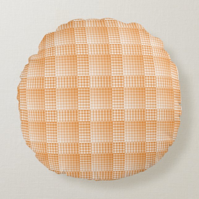 Orange White Chequered Abstract Pattern Round Cushion (Front)