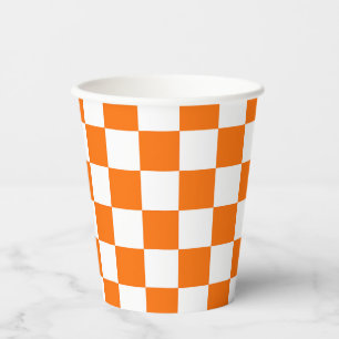 Orange White Chequered Check Pattern Paper Cups