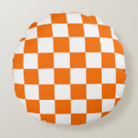 Orange White Chequered Check Pattern Round Cushion<br><div class="desc">Orange and White Check Chequered Geometric Squares Pattern Design</div>