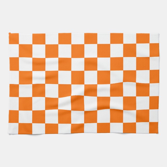 Orange White Chequered Check Pattern Tea Towel (Horizontal)